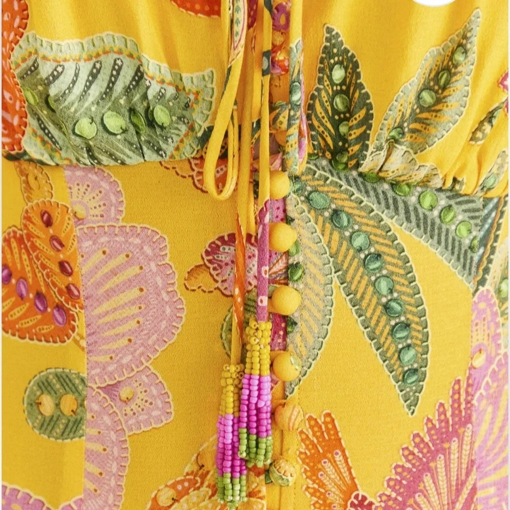 NWT FARM Rio Yellow Macaw Bloom Puff-Sleeve Midi Dress - Picture 7 of 10